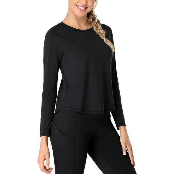 Womens Long Sleeve Workout Shirts Tie Back Breathable Sports Tops 