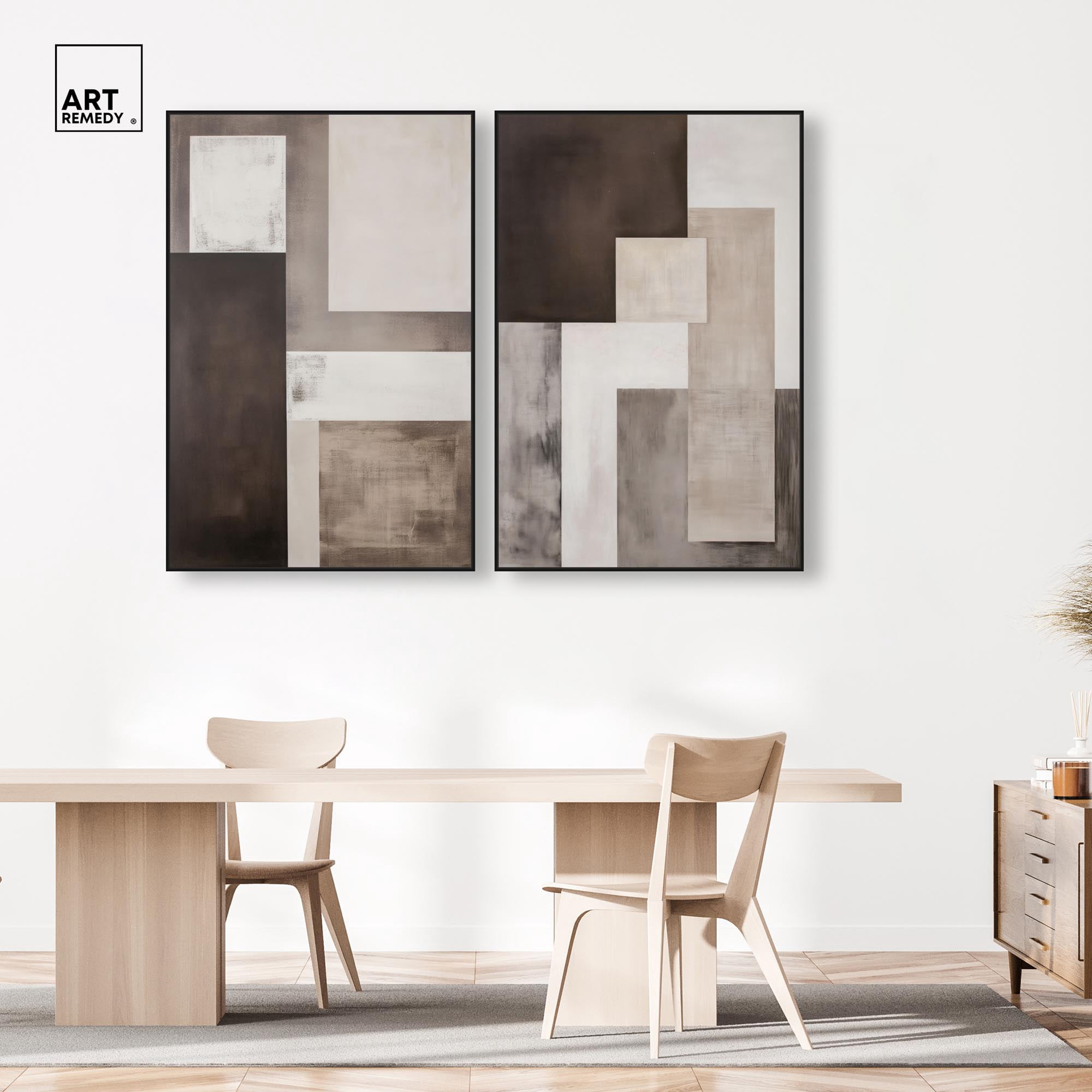 Quiet Geometries Set Canvas Print Brown Wall Art Set by Art Remedy, Black Frame, 36 x 54