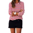 thumbnail image 3 of Canrulo Women Red White Striped Long Sleeve Casual Crewneck Tops Blouse, 3 of 6