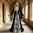 thumbnail image 3 of KICILVS Witch Costume Women Hooded Gothic Robe Corset Waist Bell Sleeve Maxi Length Damask Print Vampire Cloak Outfit White, 3 of 9