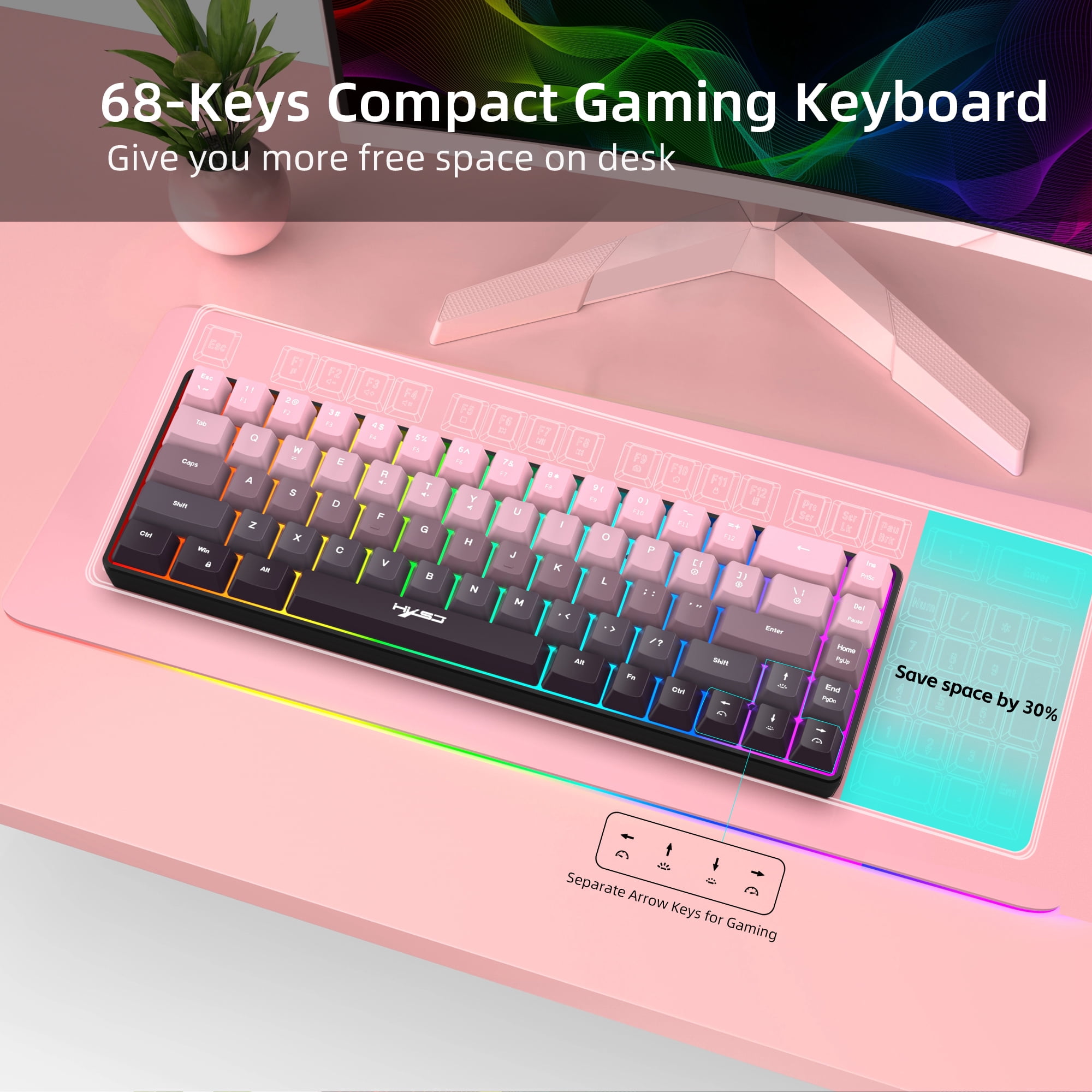 Gaming Keyboard Wired,60% 68 Keys Mini Keyboard Multimedia & Anti-ghosting Keys for Windows Computer Laptop PC Mac Gamer,Pink and Black