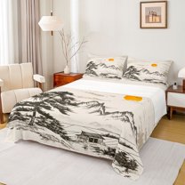 Homewish Tree Leaves 4 Pieces Queen Sheet Sets for Female Men Adults,Vintage Aesthetic Ultra Soft Flat Sheet,Japanese Style Queen Fitted Sheet,Microfiber Bedroom Decor