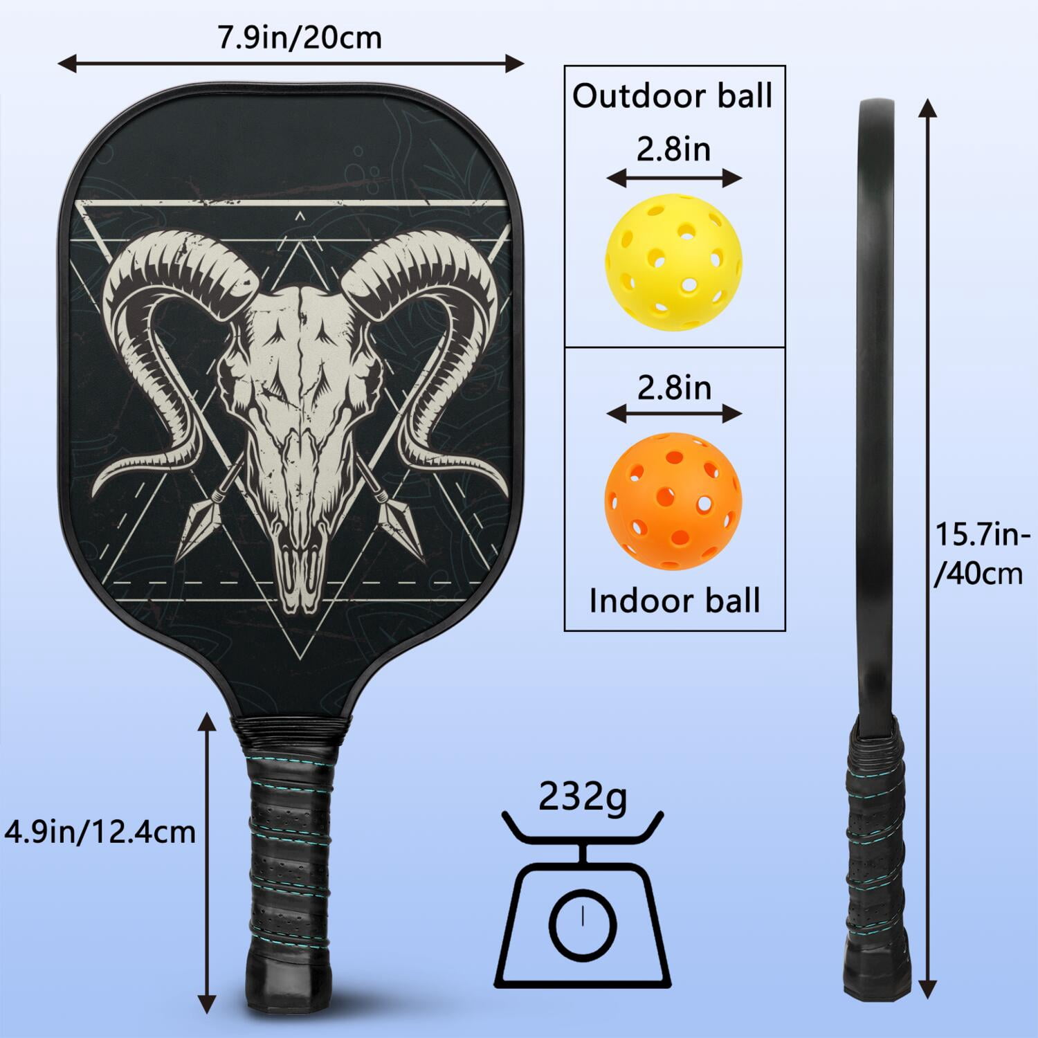 Pickleball Paddles Set Of 2, Fiberglass Surface, Skull & Cool Style, 4 Balls & Bag