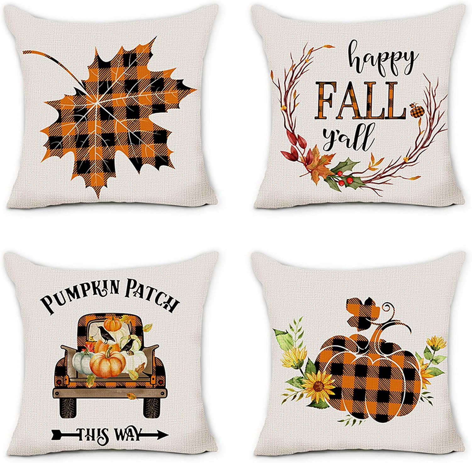 Decorative Pillow Country Farm Embroidered Pillow Cover Fall Harvest Buffalo Plaid Zipper Pillow Case Indoor Outdoor Pillow Covering