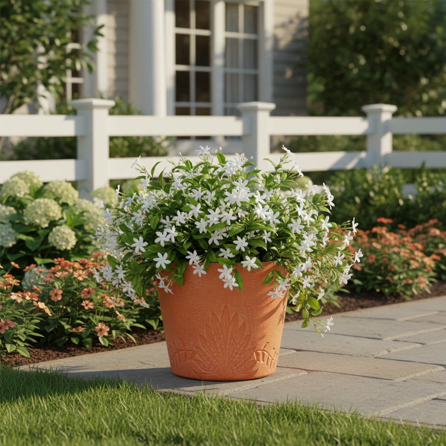 GreenShip 15 inch Large Planters, Set of 2 Relief Planters - Recycled Resin & Stone Composite Flower Pots - Weather Resistant Lightweight Garden Pots for Indoor Outdoor Plants