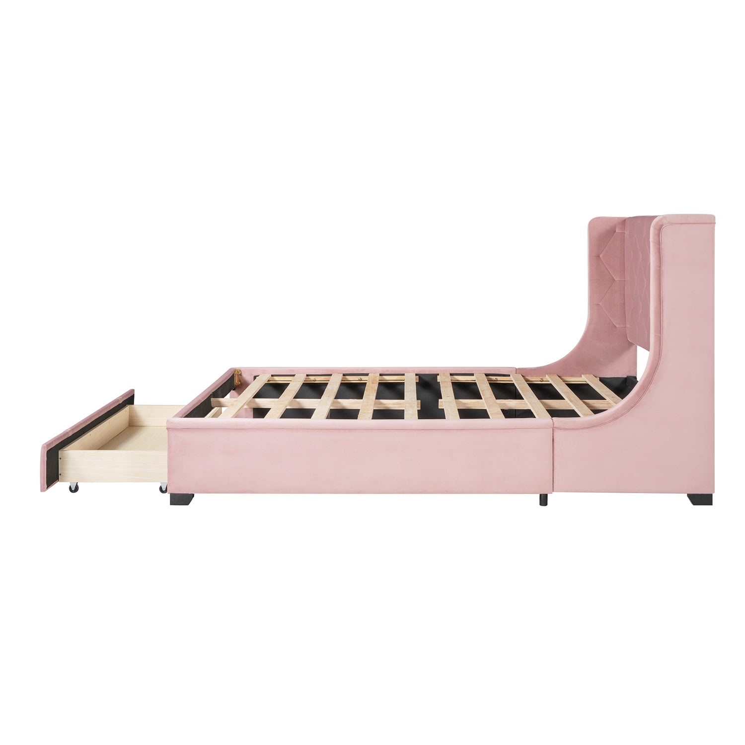 Kadyn Upholstered Platform Bed Frame with Wingback Headboard / Mattress Foundation / Wood Slat Support / No Box Spring Needed / Easy Assembly, Queen&Pink