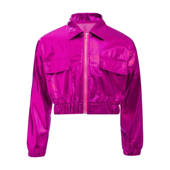 Hansber Kids Shiny Metallic Bomber Jacket for Boys Girls Long Sleeve Zip Up Motorcycle Baseball Coats Hot Pink 16