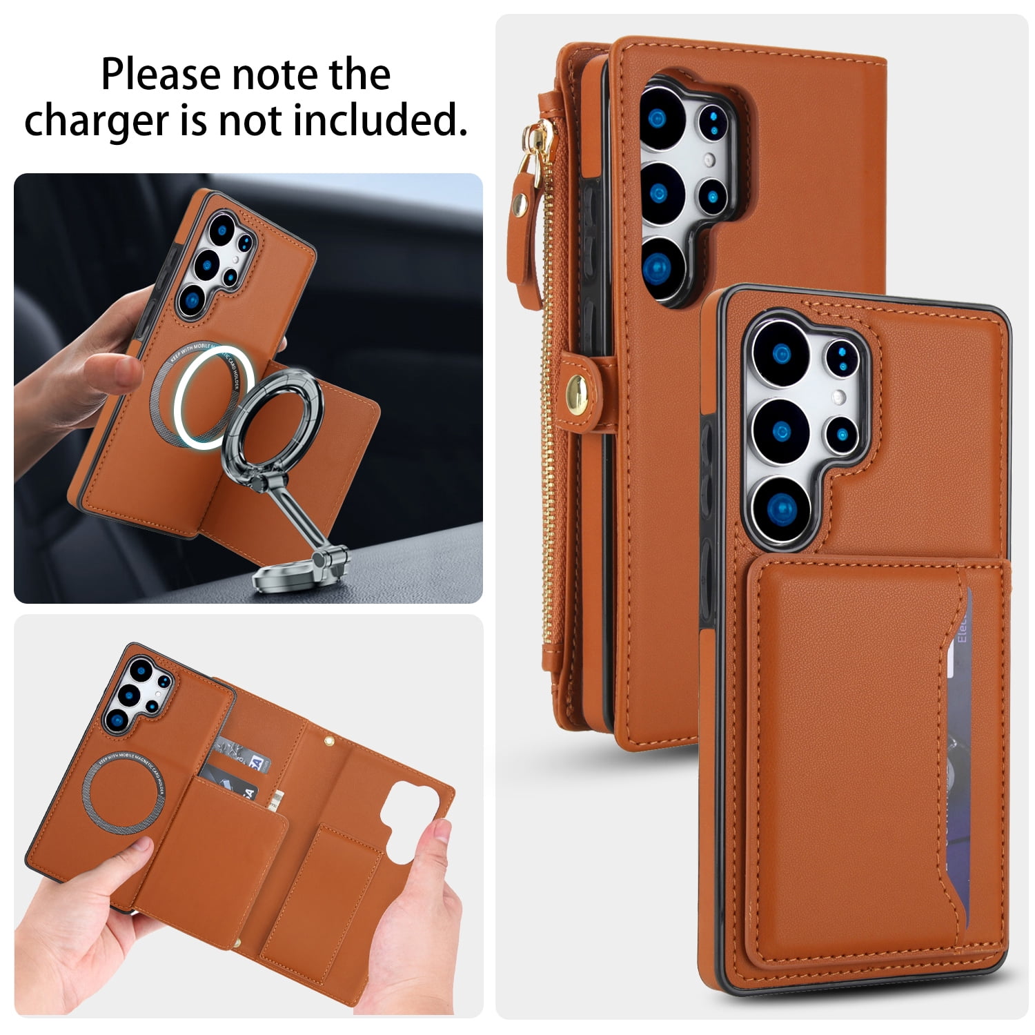 Designed for Samsung Galaxy S24 Multi-Function Wallet Phone Case,With Shoulder Strap&Wrist Strap,Cash Pocket&Card Slots,Zipper Purse,Magnetic Detachable PU Leather Flip Phone Case,Brown