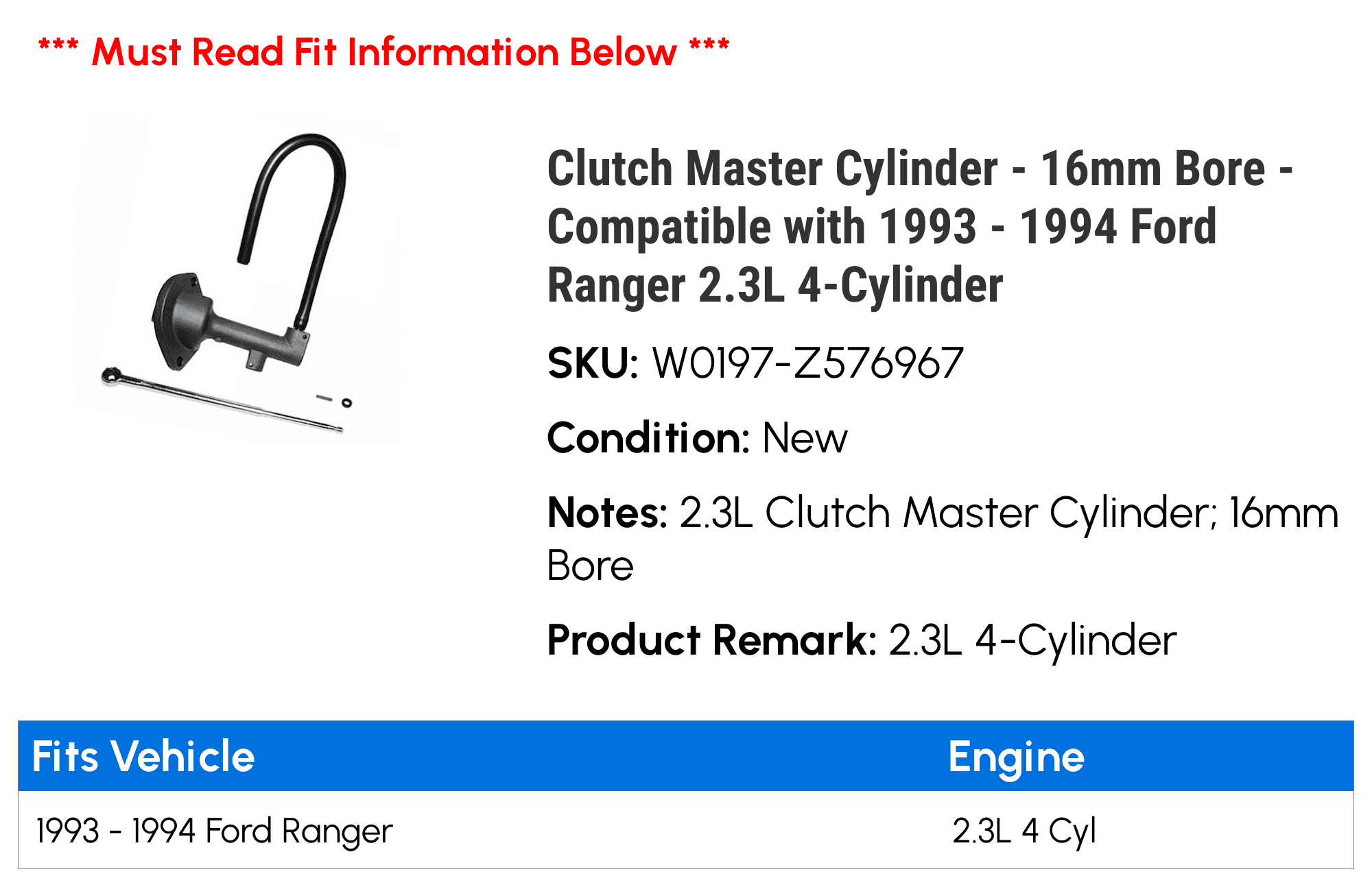 Compatible with 1993-1994 Ford Ranger 2.3L 4-Cylinder Clutch Master Cylinder 
