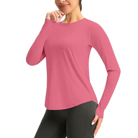 Oiangi Sun Shirts Womens UPF 50 Protection SPF Long Sleeve Tops Crew Neck Swim Shirts with Thumb Holes Watermelon Red XL