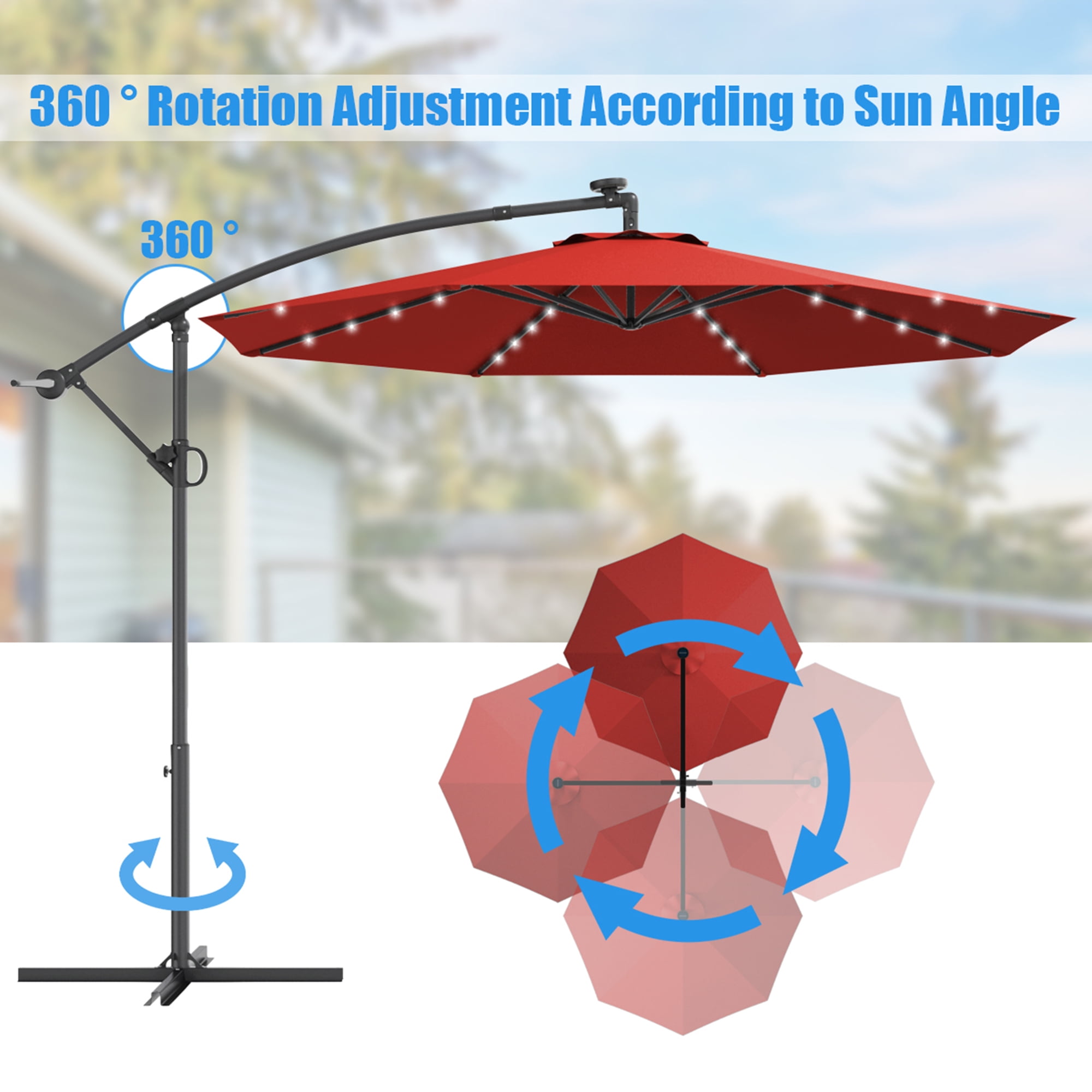 Gymax 10Ft Offset Hanging Umbrella Patio Outdoor w/ 32 Solar LED Lights Burgundy