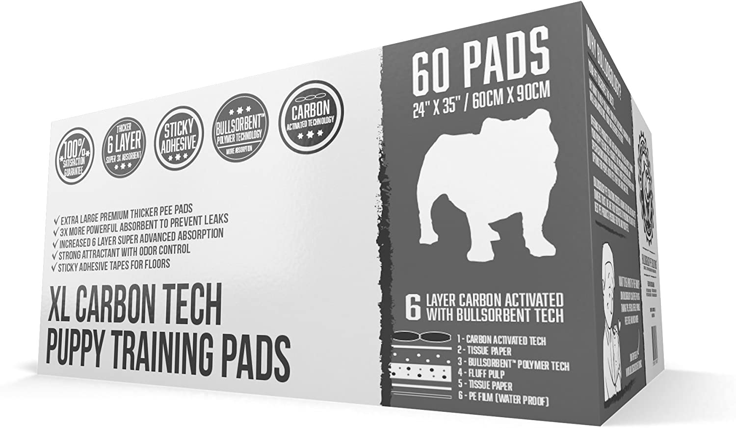 Bulldogology Carbon Black Puppy Pee Pads with Adhesive Sticky Tape - Extra Large Charcoal Housebreaking Dog Training Wee Pads (24x35, 360-Count)