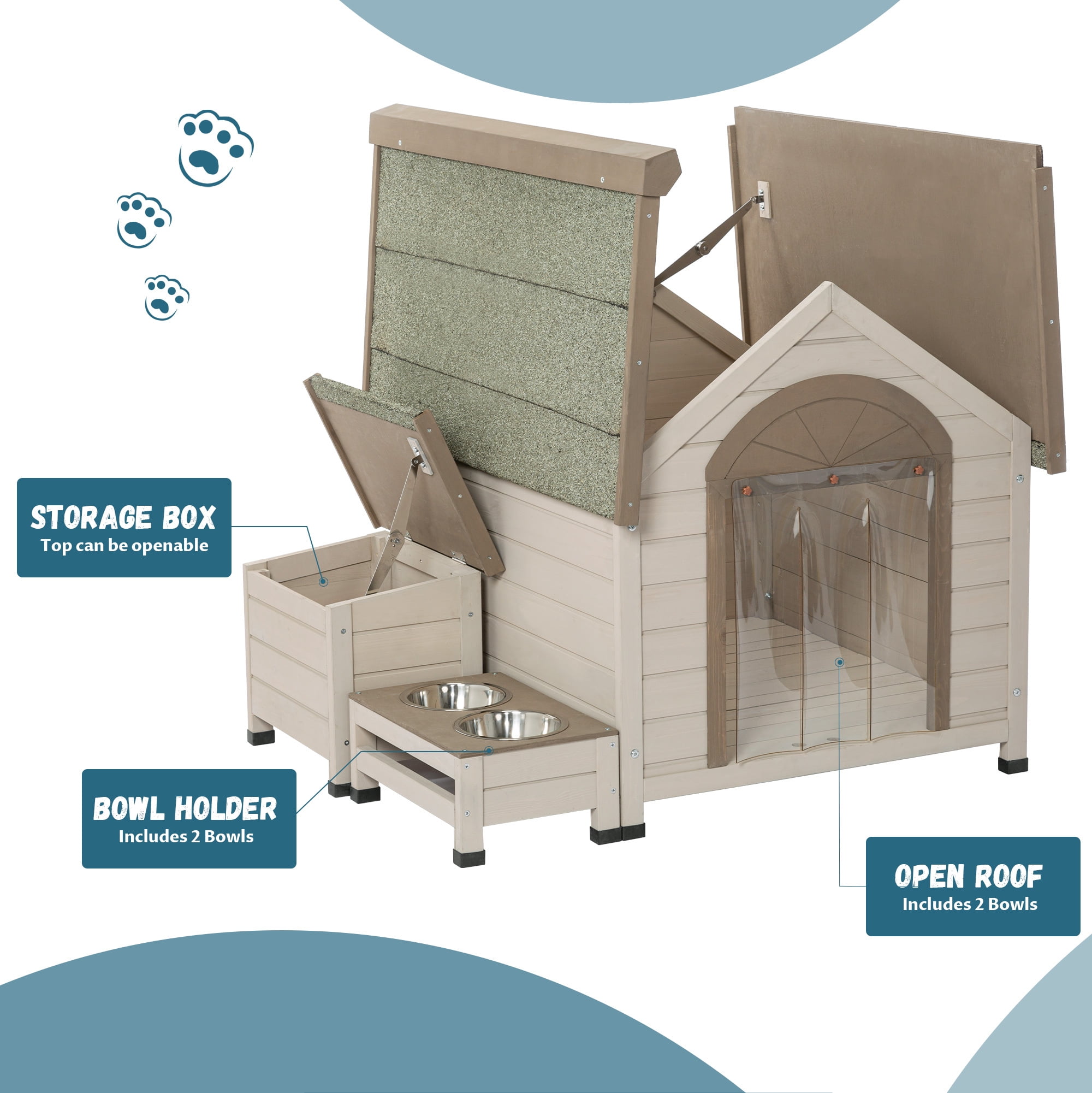Aukfa Wooden Dog House, Outdoor Shelter for Small to Medium Dog up to 60lbs with Storage, Feed Bowls