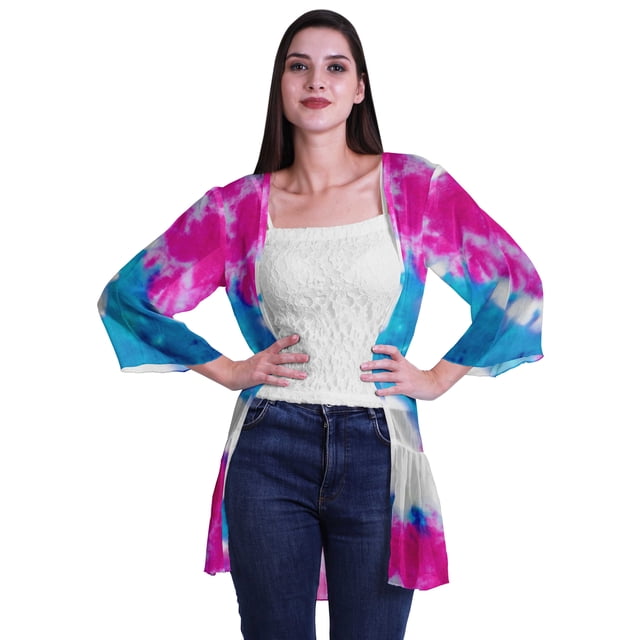 Moomaya Cardigan Court Imprimé en Georgette de Viscose à Manches Longues pour Femmes