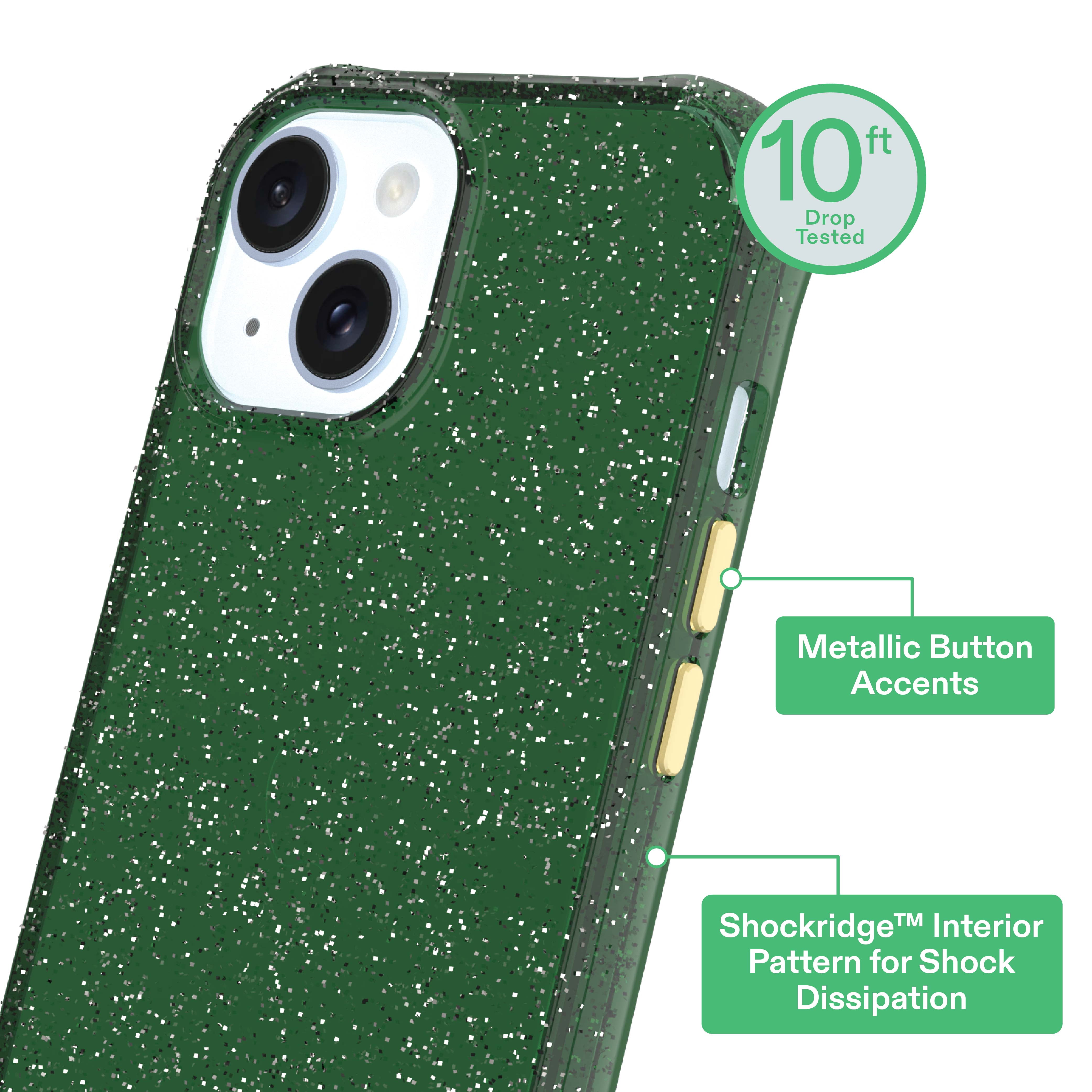 onn Sparkle Phone Case for iPhone 17e / iPhone 16e / iPhone 15 / iPhone 14 / iPhone 13 - Green with Gold Glitter