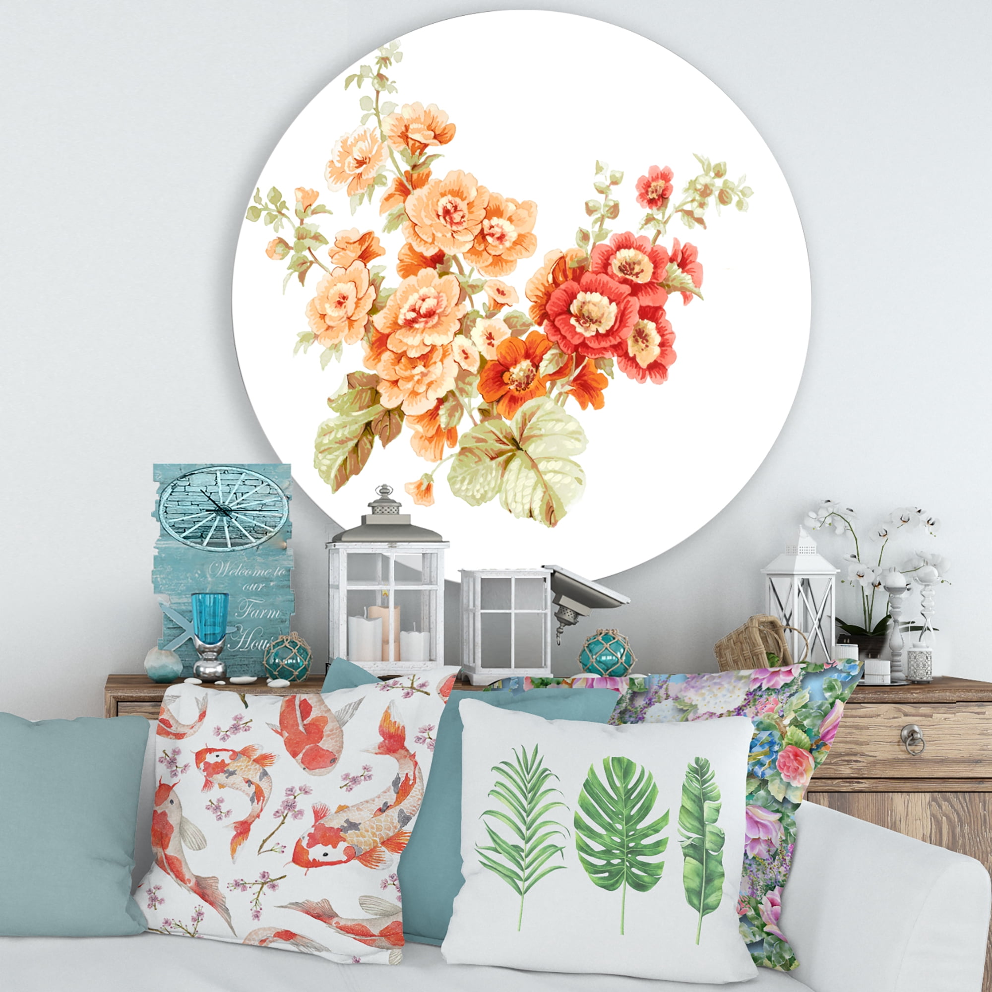 Designart 'Red and Orange Wildflowers' Traditional Circle Metal Wall Art 29x29 - Disc of 29