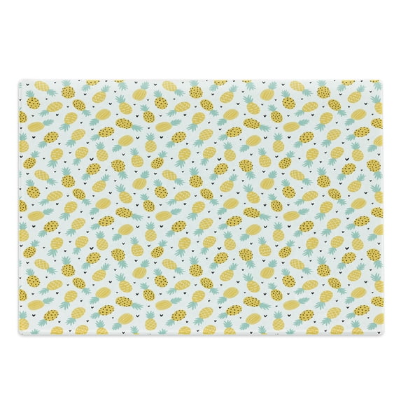 Exotic Cutting Board, Hand Drawn Pineapples and Hearts Doodle Fresh Summer Food Illustration, Decorative Tempered Glass Cutting and Serving Board, Large Size, Yellow Sea Green Black, by Ambesonne