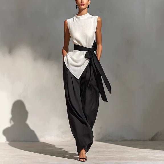 LEKWK Two Piece Sets for Women Mock Neck Tie Waist Sleeveless Tops and Wide Leg Pants Summer Fashion Beach Vacation Business Casual Outfits