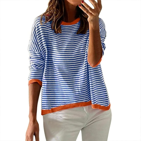 Women's Striped Long Sleeve Sweater Lightweight Cotton Crew Neck Casual Pullover Blue L