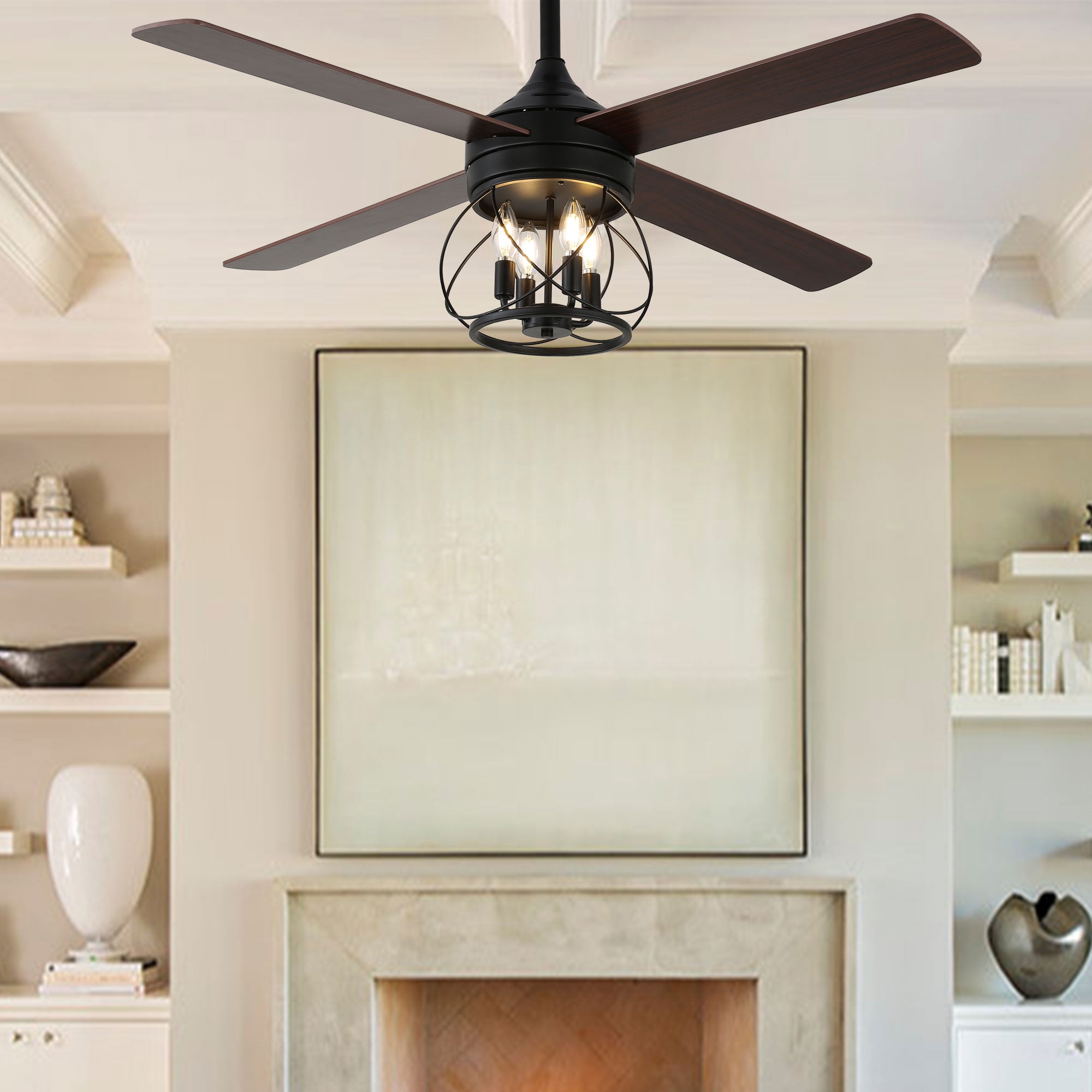 52" Farmhouse Ceiling Fan 4-Light Wood Lighting Reversible Blades with Light and Remote Control 6 Speed