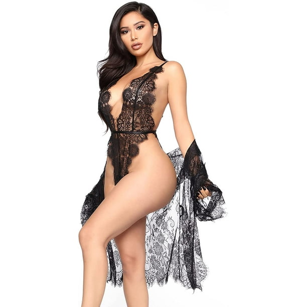 HTAIGUO Women Sexy Bridal Lingerie Set 2 Piece Lace Robe With