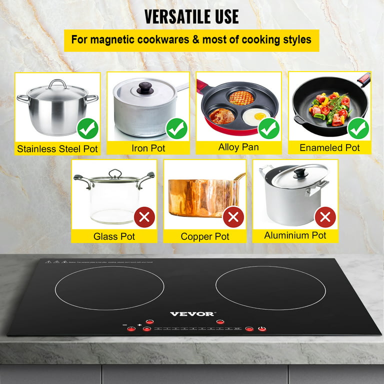 VEVORbrand Induction Cooktop, 24 inch 2 Burners, 2600W 110V Ceramic Glass  Electric Stove Top with Sensor Touch Control, Timer & Child Lock Included,  9 Power Levels for Simmer Steam Slow Cook Fry 