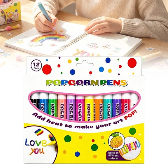 DLMCUH 12 Pack Popcorn Pens Puffy Bubble Popcorn Drawing Pens, 3D DIY Painting Markers, Popcorn Effect Craft Pens for Handmade Cards, Notebook Decor & Art Creation