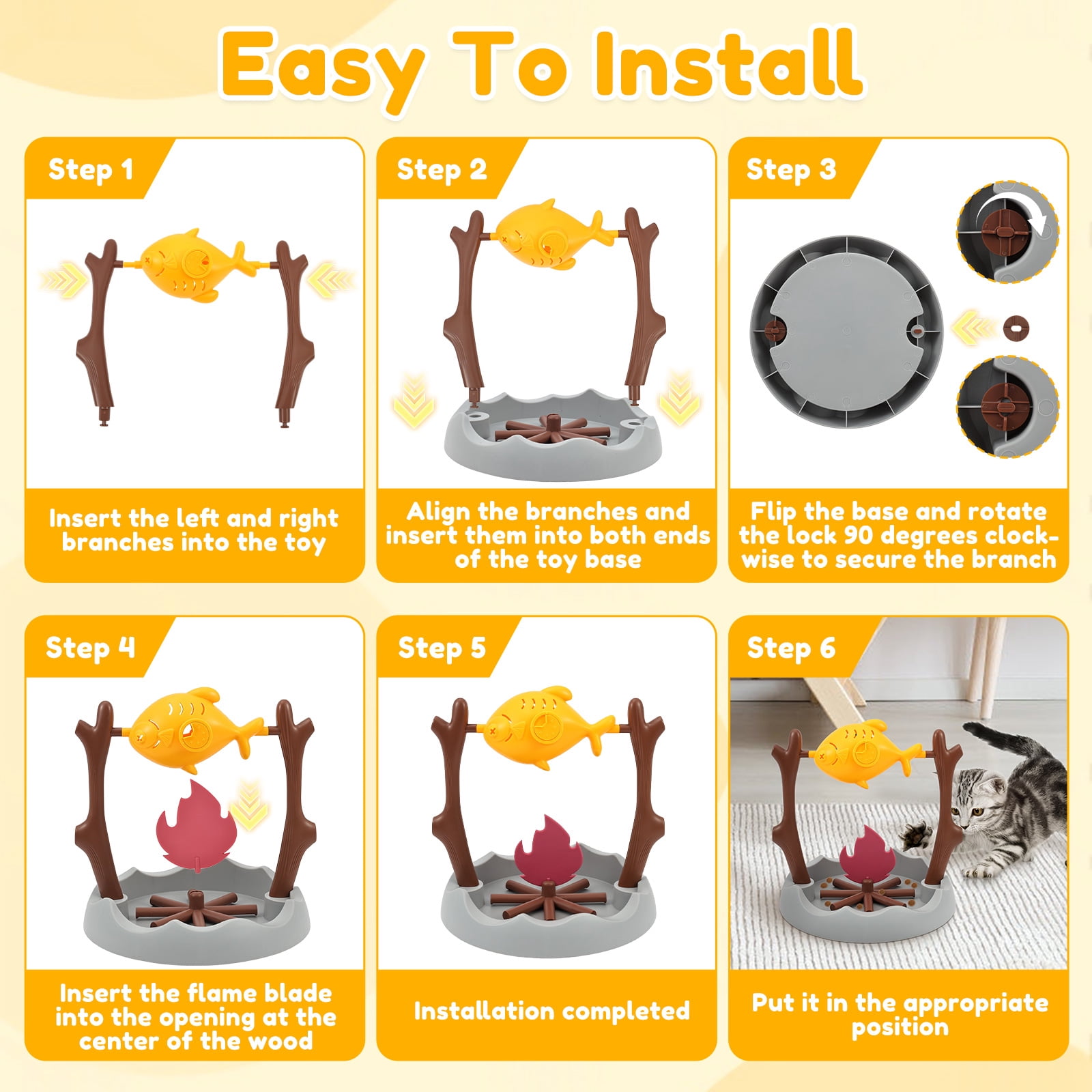 Austok Interactive Cat Treat Dispensing Toy Slow Feeder Bowl Unique Rotatable Fish and Flame Cognitive Training Game Enrichment Interactive Stimulation Toy Cat BBQ Fish Toy for Kitty