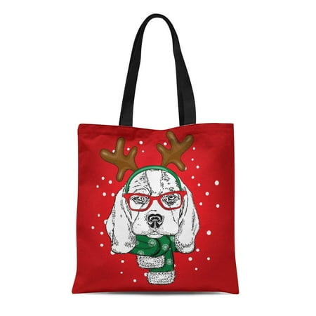 SIDONKU Canvas Tote Bag Funny Dog Wearing Glasses Horns Puppy in Deer Costume Durable Reusable Shopping Shoulder Grocery Bag