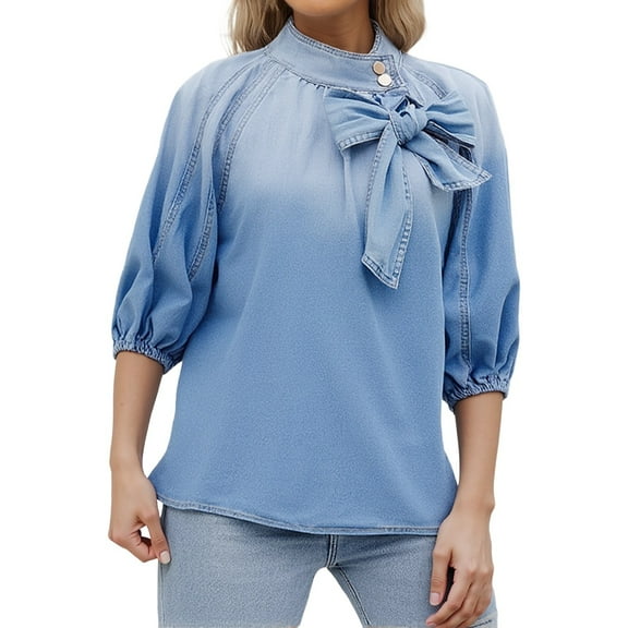 Women's Loose Collar Belted Denim Shirt With Bow Detail
