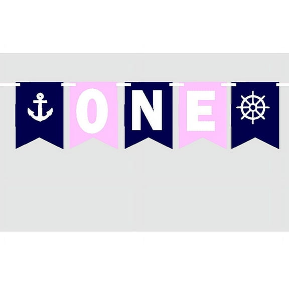 Baby First (1st) Birthday Pink and Navy Nautical Party Theme Picture Backdrop/HIgh Chair/Wall Decoration Banner