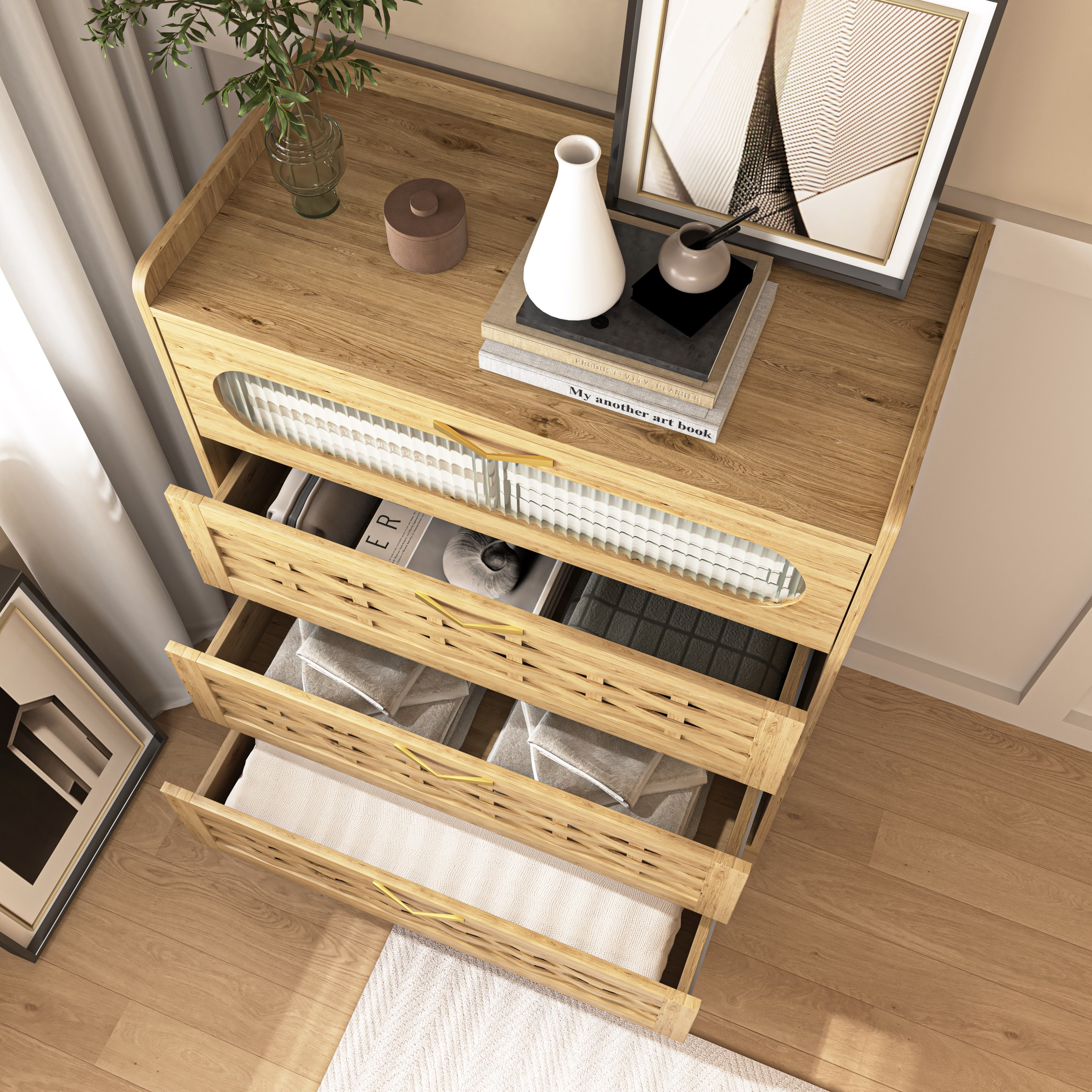 4-Drawer Dresser 31.5 Inch, Modern Chest of Drawers with Transparent Acrylic Doors, Storage Organizer for Bedroom and Entryway, Wood
