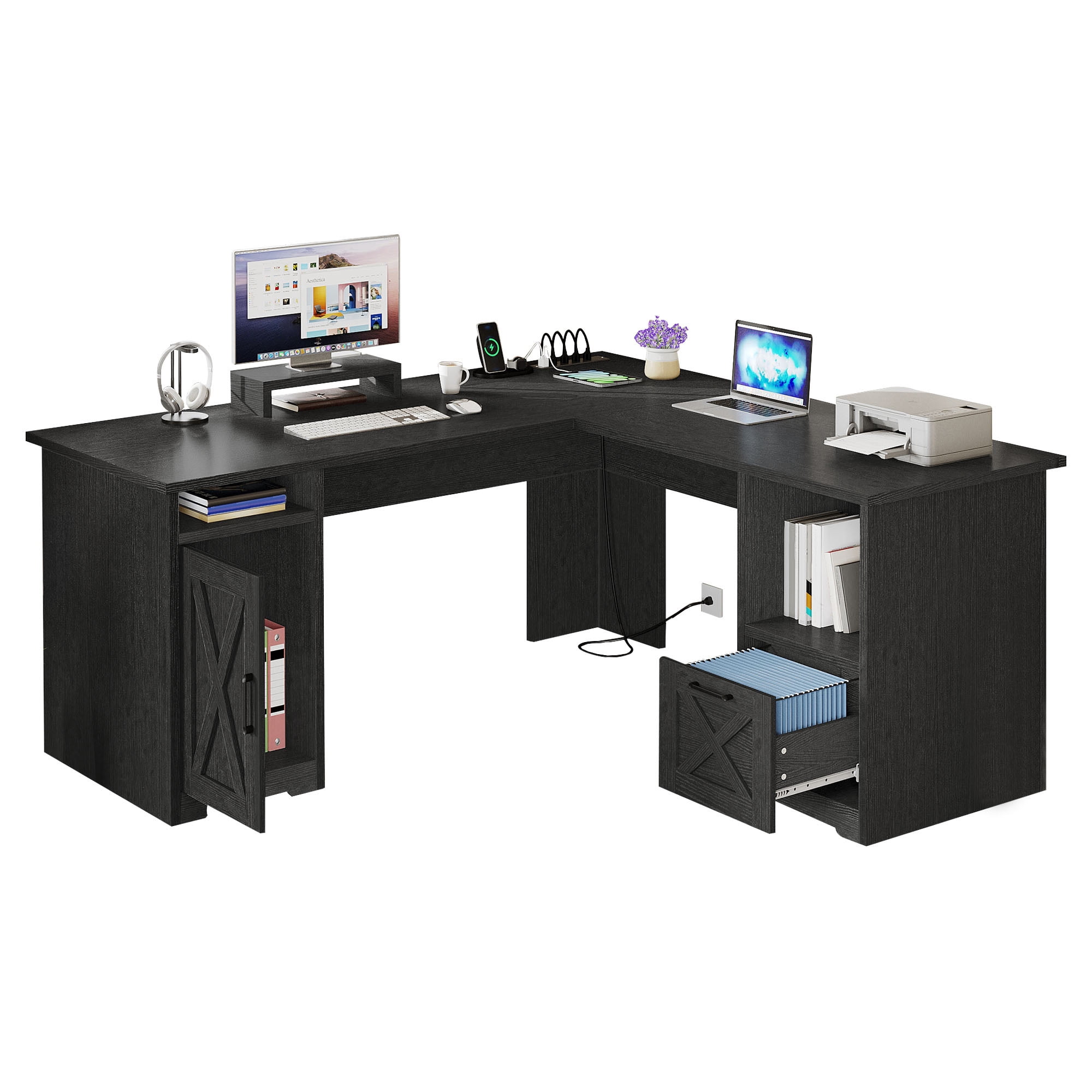 Uforic 59" L Shaped Desk with Power Outlets,Large Computer Desk with Drawers, Home Office Desk,Black