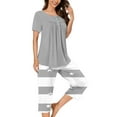 thumbnail image 2 of Cavosen Pajamas for Women Two Piece Button Front Pleated Soft Sleepwear Set Short Sleeve Round Neck Pullover Tops Striped Capri Nightwear Loungewear with Pocket Comfort Gray M, 2 of 5