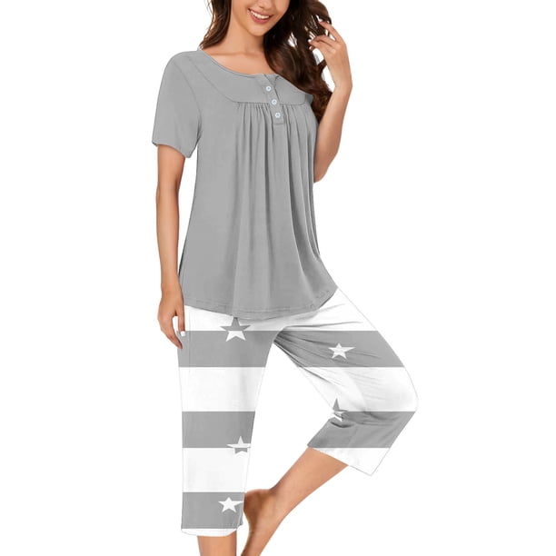 Sexy Pijama Conjunto para las Mujeres, Cuello Redondo Blusa de Manga Corta Y Pantalones, Traje de Moda Casual