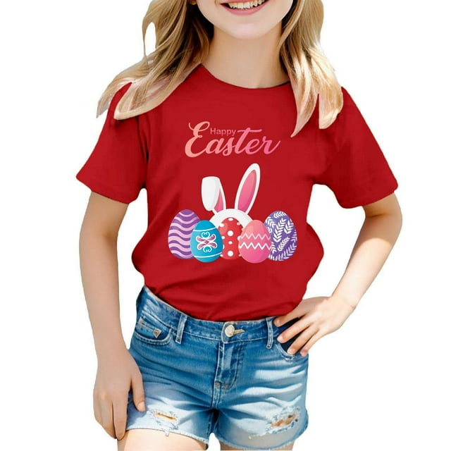 Hauts Filles Été Thème de Pâques Imprimé Décontracté Confortable Manches Courtes T-Shirts Garçons Rouge 10-11 Ans