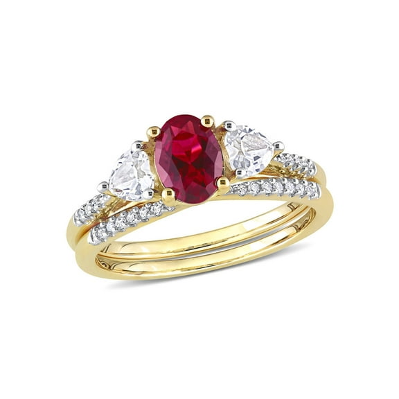 1.90 Carat (Ctw) Lab-Created Ruby and White Sapphire Bridal Engagement Wedding Ring Set 10K Yellow Gold for Women