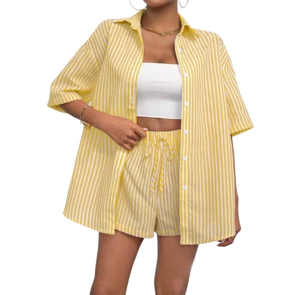 adaychics Matching Shirt and Shorts Set Women Two Piece Striped Button Up Top and Shorts Outfits Casual Sets Daily Wear