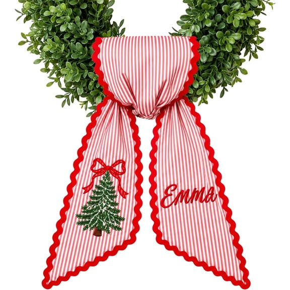 Personalized Christmas Wreath Sash with Monogram and Embroidery, Custom Holiday Striped Fabric Wreath Bow with Ric Rac Trim for Front Door Wreath Decorations