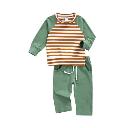 

Sunisery Newborn Baby Boys Casual Autumn Clothing Striped Long Sleeve Tops T-shirt+Long Pants 2Pcs Set Green 0-6 Months