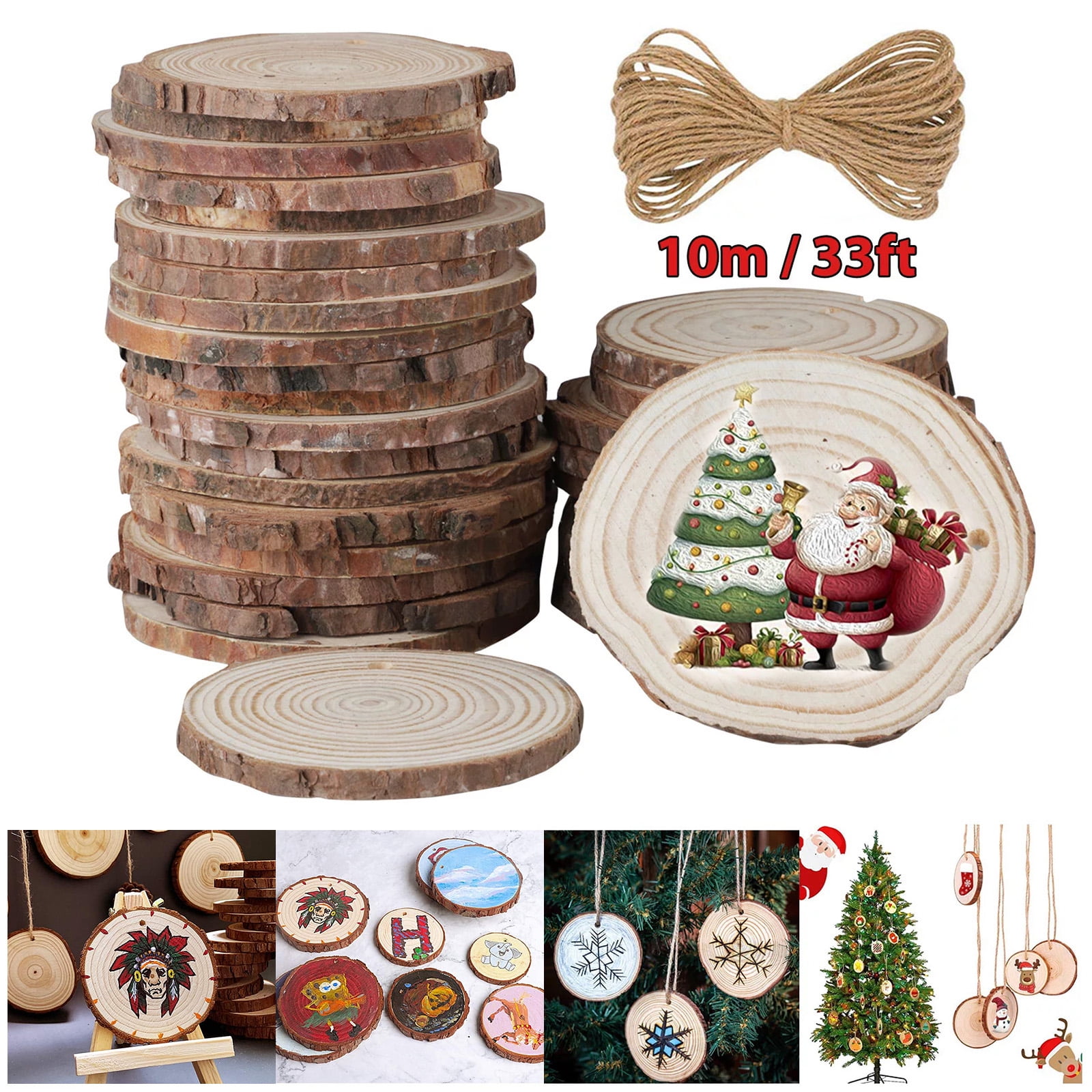 Wall Art Wood Burning And Painting Project Christmas Ornaments Natural Wood Slices 30Pcs 2.4-2.8 inch With Twine String Rustic Wedding Decor Wood Discs With Barks And Hole For DIY Crafts 