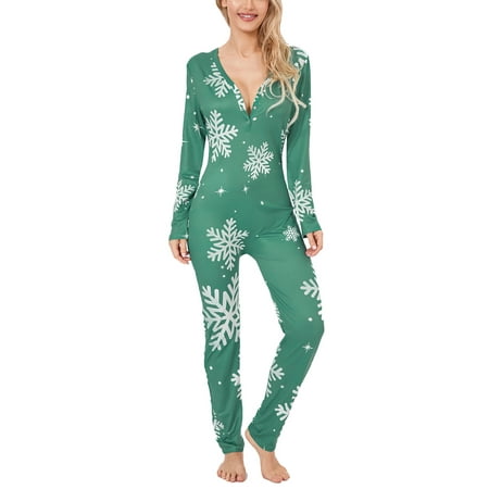 

Gueuusu Women s Christmas Button Onesie Pajamas V Neck Long Sleeve One Piece Jumpsuits Romper Bodysuit Loungewear S-XXL
