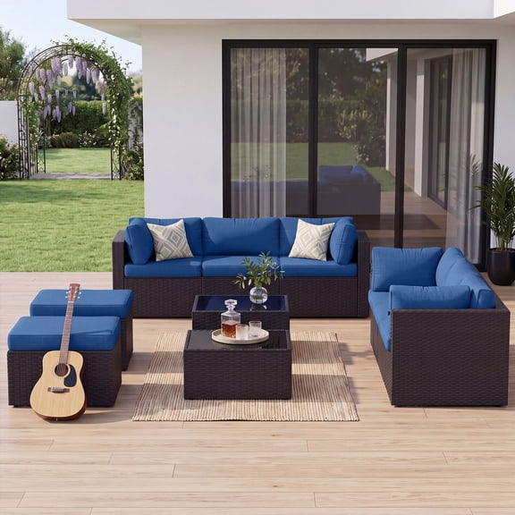 BaPiPro 10 Piece All-Weather PE Rattan Modular Patio Furniture Set, Sectional Conversation Sofa with Thick Removable Cushions & Tempered Glass Coffee Table for Backyard Poolside Garden, Navy Blue