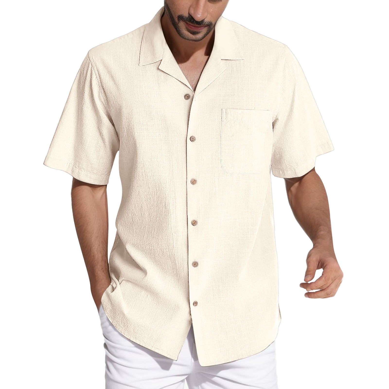 BOBOGOJP Men's Cotton Linen Shirt Slim Fit Stretch Short Sleeve