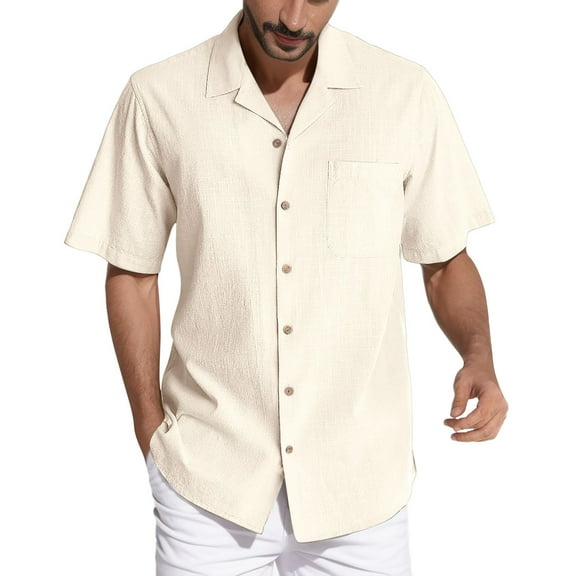 Rggeeun Mens Shirts Male Summer Casual Loose Beach Short Sleeve Shirt Solid Color Beach Vacation Wedding Tops Classic