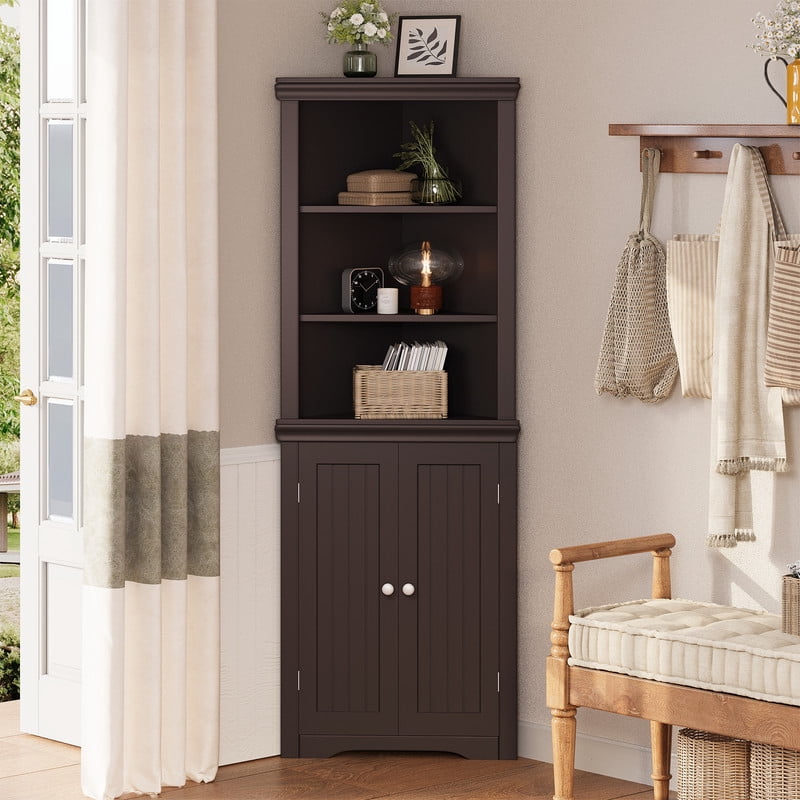 Lacoo 62'' Tall Corner Cabinet with 3 Shelves and 2 Doors, Corner Storage Cabinet Shelving Storage with Adjustable Shelves for Kitchen Living Room Bathroom, Brown