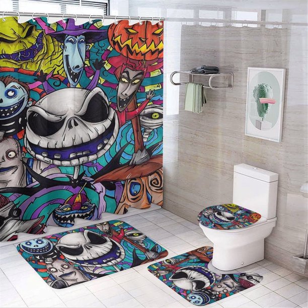 Juego de 4 cortinas de ducha de Jack Skellington con alfombrillas antideslizantes, tapa de inodoro y alfombrilla de baño, cortina de ducha impermeable con decoración de dibujos animados para baño con