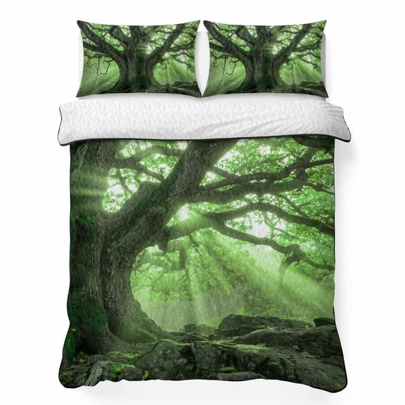 Quilts Twin XL Size Bedding Set, Green Trees Lightweight Quilted Comforter, Sunlight Forest Branches Nature Scenery Soft Reversible Bedspread Coverlet with Pillow Covers for All Season, 68" x 98"