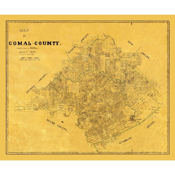 Historic County Map - Comal County Texas - Groos 1874 - Vintage Wall Art
