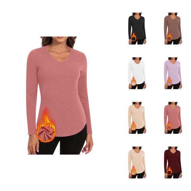 Womens Long Sleeve Tops 2026 Fall Winter Basic V Neck Fitted Breathable Undershirt T Shirt